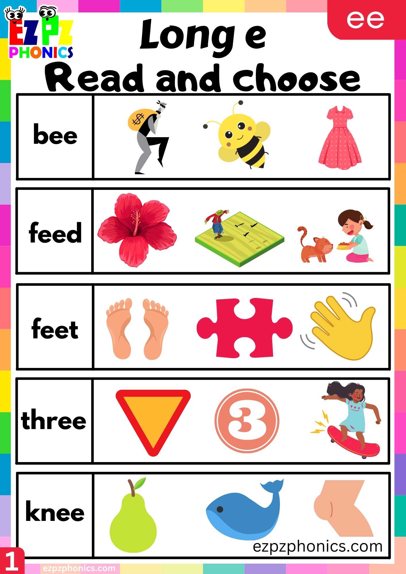 Group1 EE Words Read And Choose Long E Phonics Worksheet